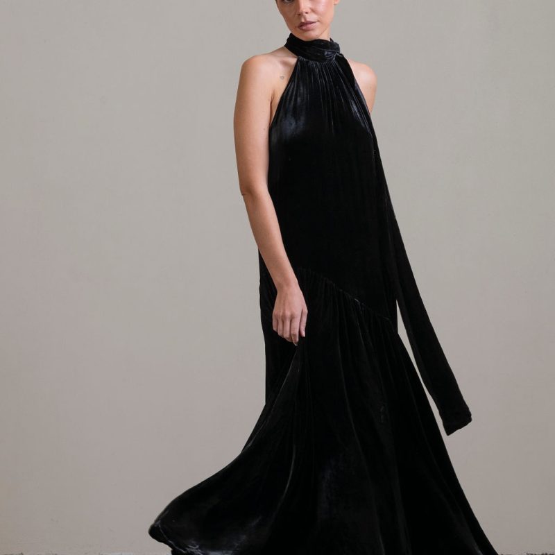 Silk Velvet Tie Neck Dress ~ Noir